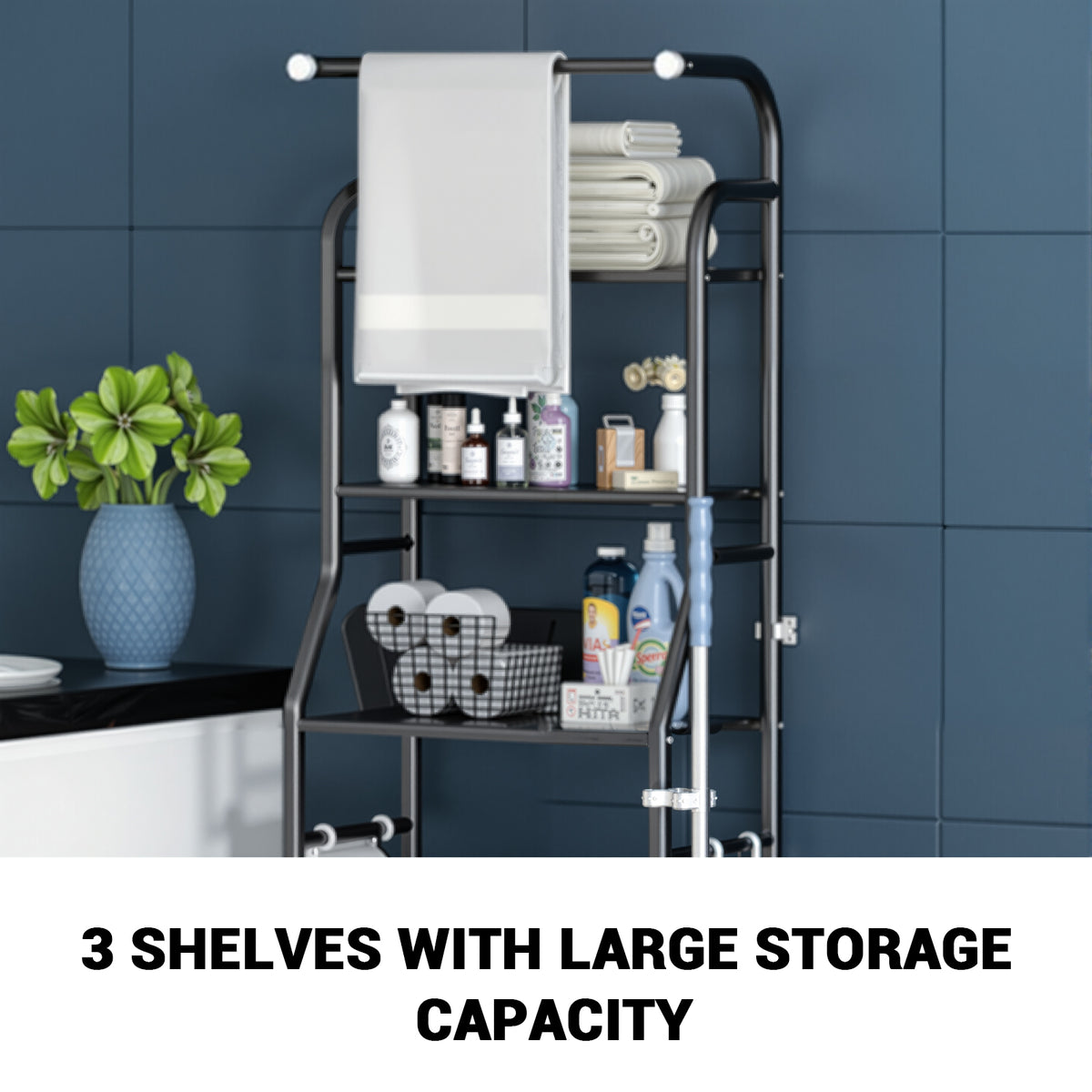 Estantería multifuncional Garvee 3 niveles para sobre inodoro acero al carbono 47x25x160 cm negro para baño y oficina